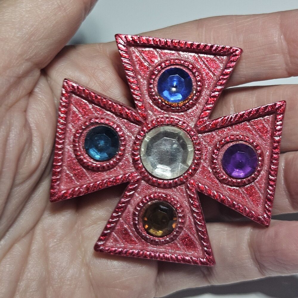 Vintage Red Geometric Cross Multicolored Rhinestones Brooch